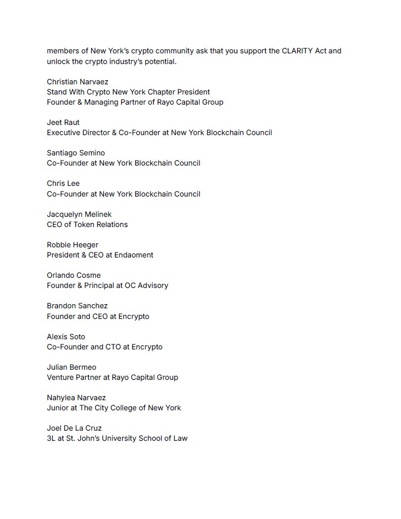 Yesterday on behalf of the <a href="/standwithcrypto/">Stand With Crypto🛡️</a> New York chapter a group of builders and advocates sent letters to the offices of <a href="/RepRitchie/">Rep. Ritchie Torres</a> and <a href="/RepGregoryMeeks/">Rep. Gregory Meeks</a> to support and swiftly pass the bipartisan CLARITY Act. Backed by 150K NY advocates, the bill would provide clear rules