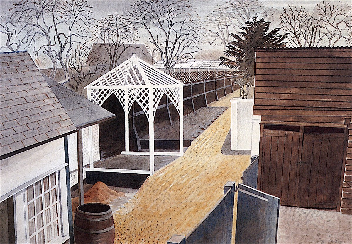 Ravilious1942's tweet image. Garden Path, Eric Ravilious, 1934. It dates from his time at Great Bardfield in #Essex. The original artwork is in the collection of @TownerGallery.