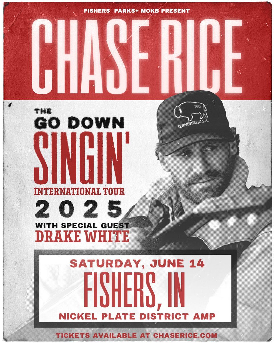 SATURDAY 👊 Who is ready Chase Rice w/ Drake White at Nickel Plate District Amphitheater THIS Saturday, June 14th? This show is outdoors and ALL AGES. Tickets are selling fast - get yours now at mokbpresents.com/event/chase-ri… 🎫