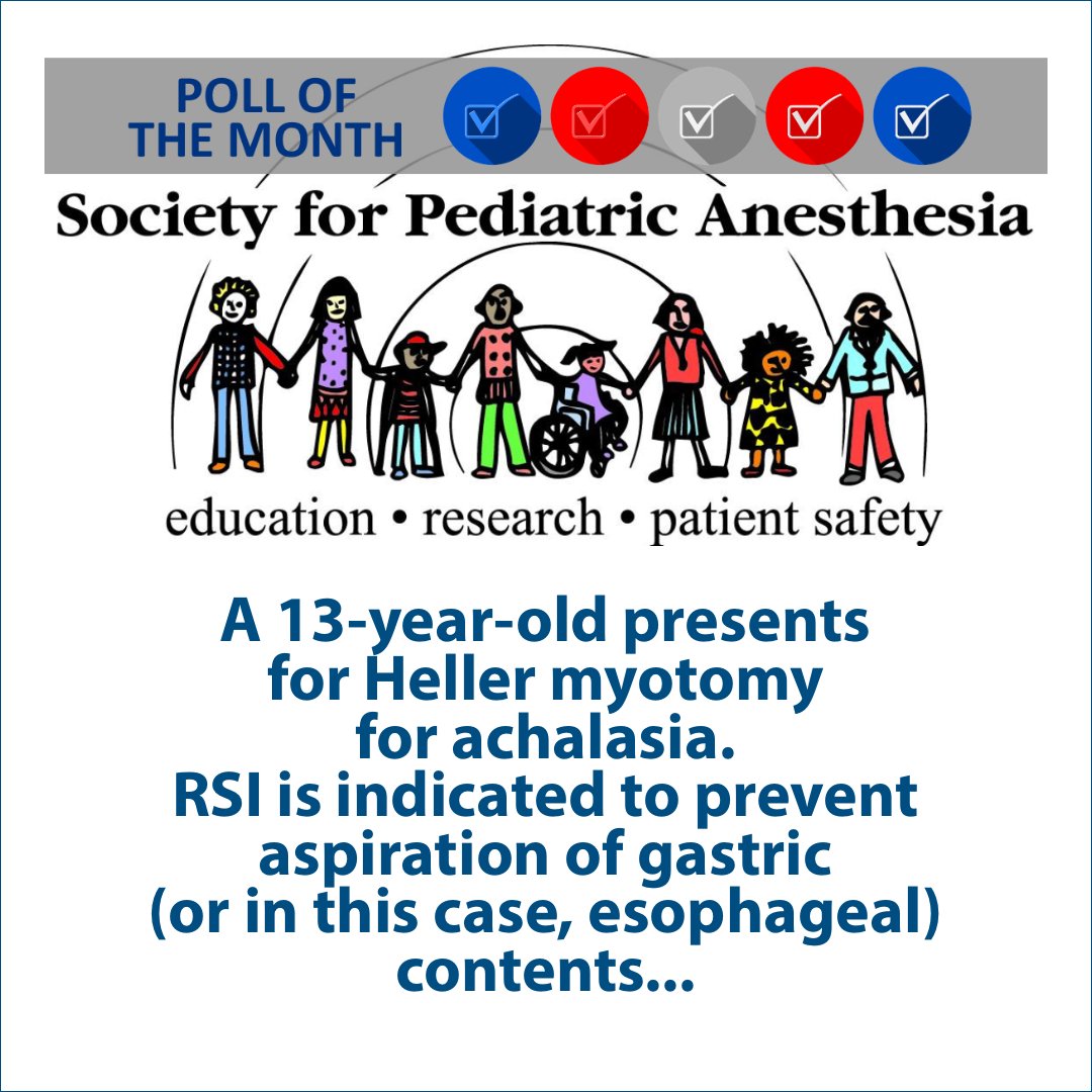 PediAnesthesia's tweet image. SPA's Q&S Poll of the Month has been posted to the SPA website.
Click, scroll down, look to the right and take the poll.
ow.ly/GHLJ50NEhHY
#PedsAnes #Anesthesiology #Anesthesia #PollOfTheMonth #TakeThePoll