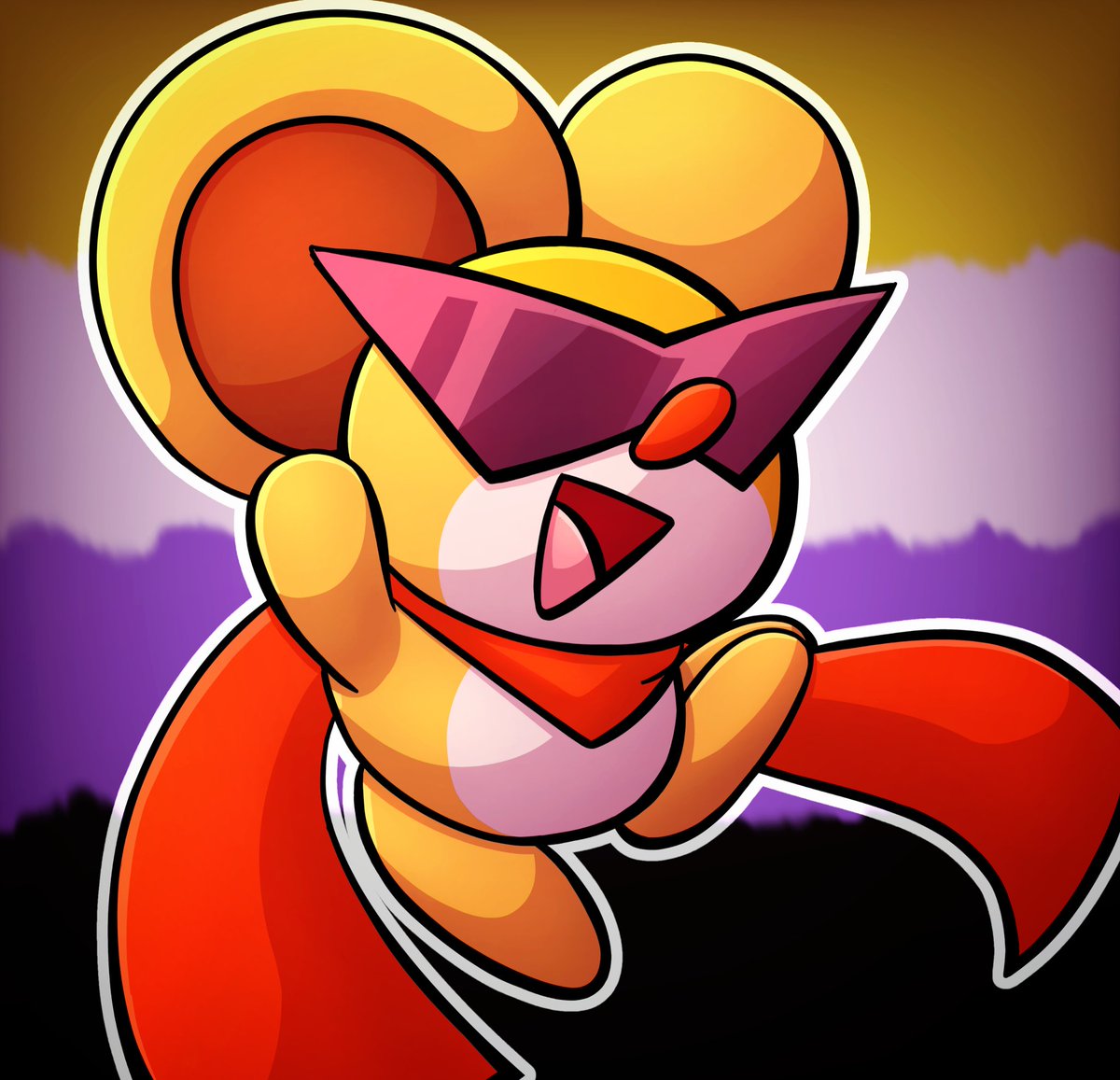 day 10: nonbinary

I already made this artpiece assuming spinni's gender was ambiguous just to find out he's confirmed male in mass attack💔. I always liked the idea of him wearing cool sunglasses to hide his eyelashes (headcanoning him as afab)
#PrideMonth #kirby #nonbinary #art