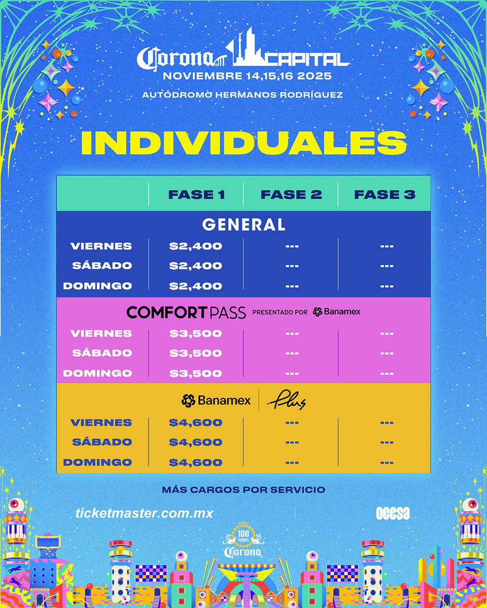 ¡BOLETOS INDIVIDUALES YA DISPONIBLES! 💥 El día que elijas será el correcto 🩵 *𝘃𝗮 𝗹𝗼𝘀 𝘁𝗿𝗲𝘀 😉 

🎟 en bit.ly/CC25_ON

#CoronaCapital25