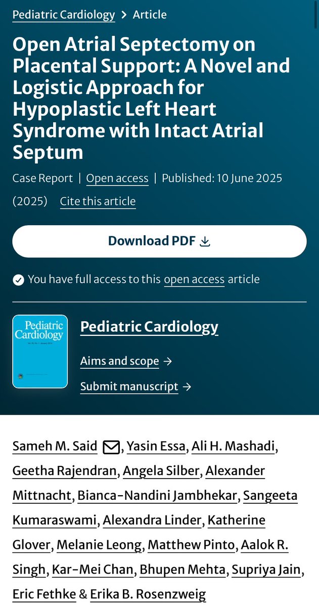 Ali Mashadi (@ali_h_mashadi) on Twitter photo I am happy to share our manuscript describing the novel 1st successful EXIT-to-open atrial septectomy-to-rapid stage I Norwood palliation has been published in Pediatric Cardiology, and is open access!
link.springer.com/article/10.100…
<a href="/samsaid75/">Sameh Said, MBBCh, MD, FACC, FACS</a> <a href="/ebrosenzweig/">E B Rosenzweig MD</a> <a href="/MFCHatWMC/">MariaFareriChildrens</a> <a href="/WMCHealth/">Westchester Medical Center Health Network</a> <a href="/GMA/">Good Morning America</a> I am happy to share our manuscript describing the novel 1st successful EXIT-to-open atrial septectomy-to-rapid stage I Norwood palliation has been published in Pediatric Cardiology, and is open access!
link.springer.com/article/10.100…
<a href="/samsaid75/">Sameh Said, MBBCh, MD, FACC, FACS</a> <a href="/ebrosenzweig/">E B Rosenzweig MD</a> <a href="/MFCHatWMC/">MariaFareriChildrens</a> <a href="/WMCHealth/">Westchester Medical Center Health Network</a> <a href="/GMA/">Good Morning America</a>