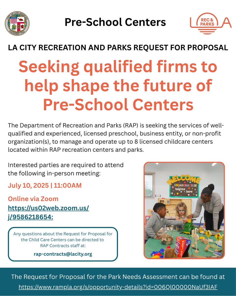City of LA Department of Recreation and Parks (@lacityparks) on Twitter photo We are seeking qualified firms to help shape the future of our Child Care Centers! 🌟
Interested parties are required to attend a meeting via Zoom on July 10, 2025 at 11:00AM ☀️
🔗 For more information, click the link in our bio or contact rap-contracts@lacity.org We are seeking qualified firms to help shape the future of our Child Care Centers! 🌟
Interested parties are required to attend a meeting via Zoom on July 10, 2025 at 11:00AM ☀️
🔗 For more information, click the link in our bio or contact rap-contracts@lacity.org