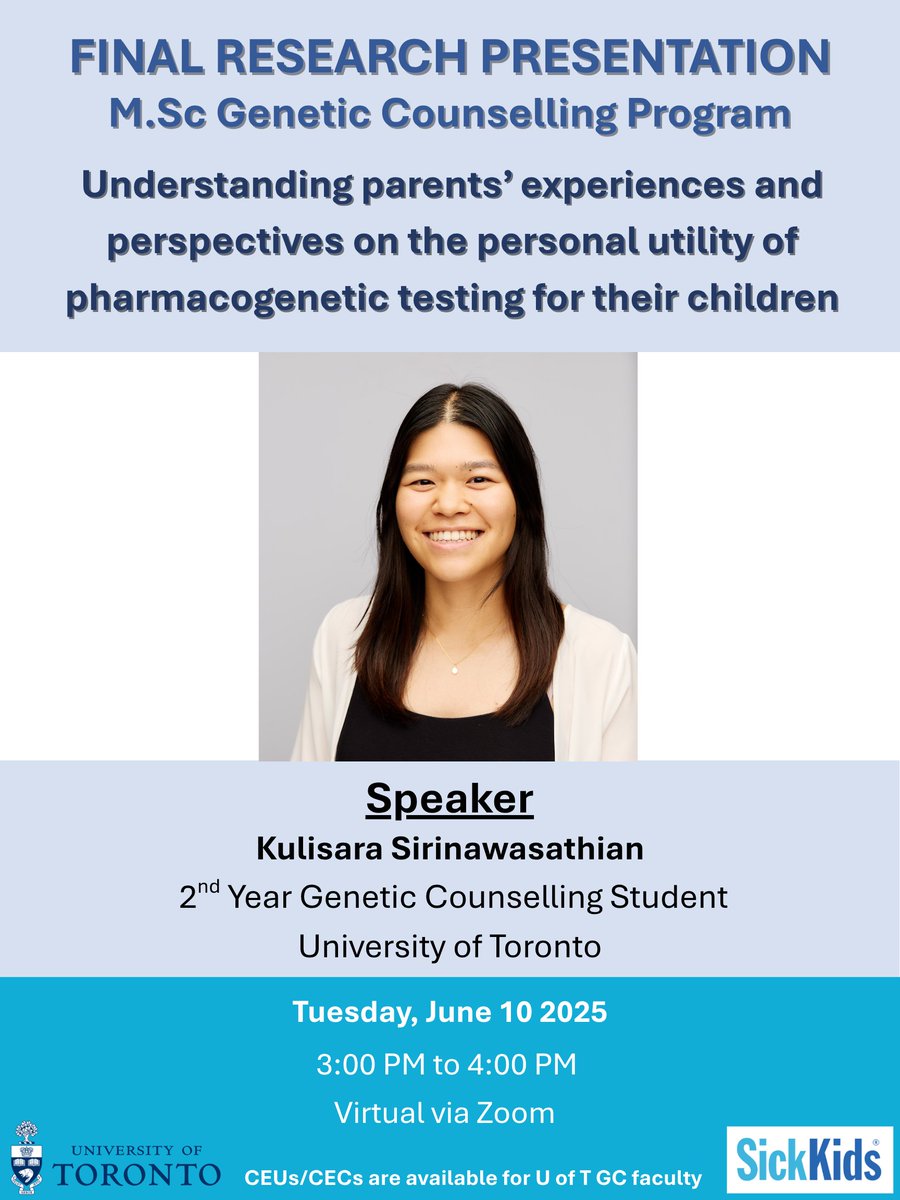 RobinHayeems's tweet image. 🎉 Big milestone for @GC_UofT MSc student Kulisara! Today she presented her final research, supervised by Dr. Hayeems, exploring parents' experiences and views on the personal utility of pharmacogenetic testing for their children. Congrats, Kulisara! 👏