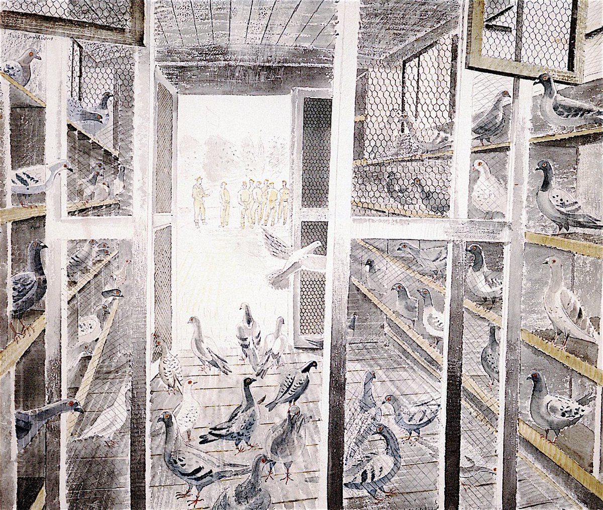 Ravilious1942's tweet image. Corporal Stediford’s Mobile Pigeon Loft, Eric Ravilious, 1942. This was at RAF Sawbridgeworth in #Hertfordshire. Even in #WW2 carrier pigeons were a vital part of communications, with many used on D-Day. The original artwork is in the collection of @WhitworthArt.
