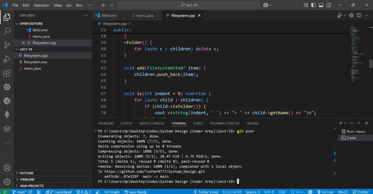 Tushar_pal__'s tweet photo. finished #Day19 of the System Design Course by Coder Army ! Designed and build File System in C++  coded a lot of features myself🫠
https://t.co/HwDReKTnPA
my code here 
special thanks to @rohit_negi9 and @adityatandon02
#LearnInPublic #CoderArmy #SystemDesign #LLDL 
#fiesystem https://t.co/1D7lI8Qfty