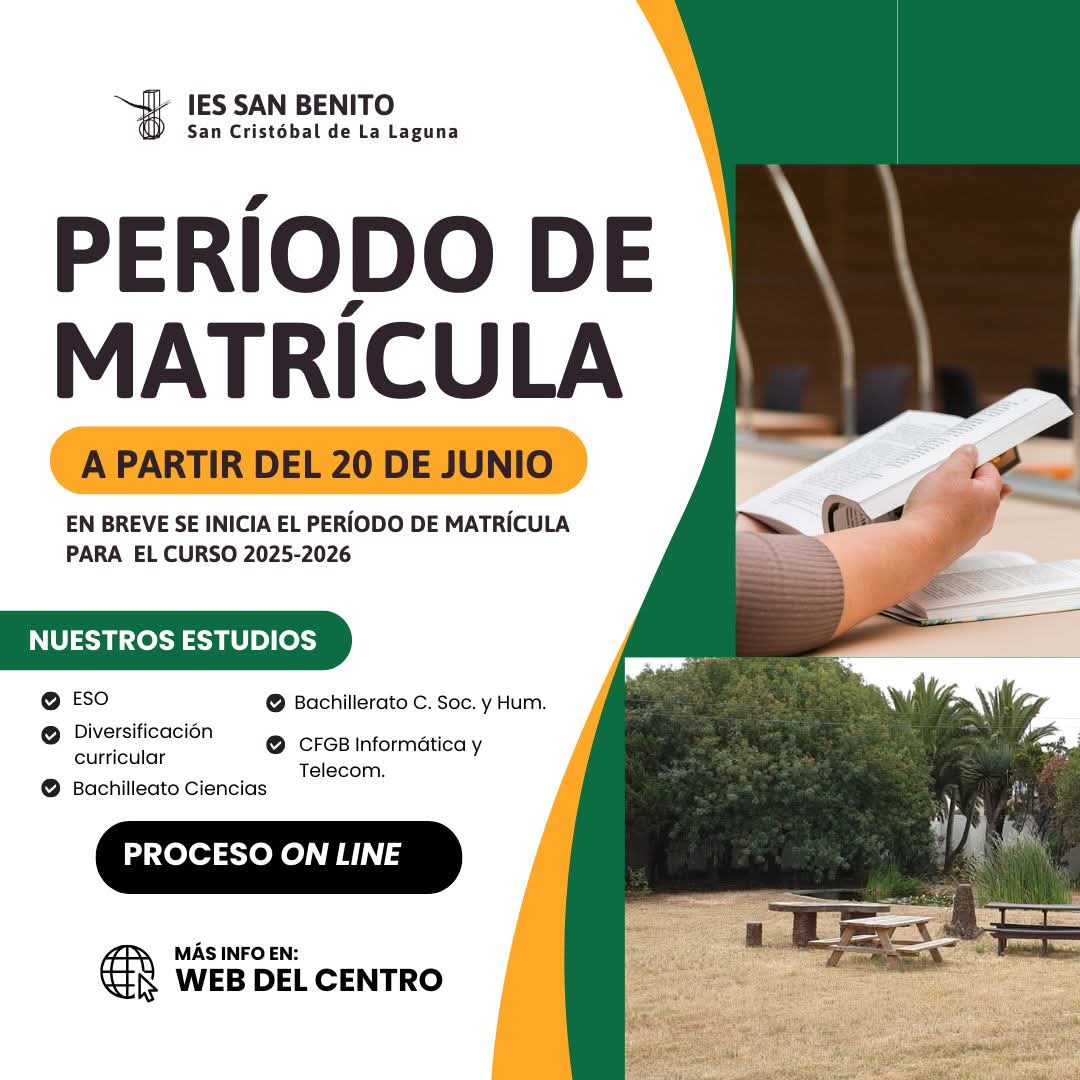 Pronto arranca el período de matrícula del curso 2025-2026. Habrá fechas diferentes según sea alumnado de continuidad o nuevo ingreso (después de publicación de las listas definitivas de admisión). 

🔗Tienes toda la información del proceso en nuestra web: www3.gobiernodecanarias.org/medusa/edublog…