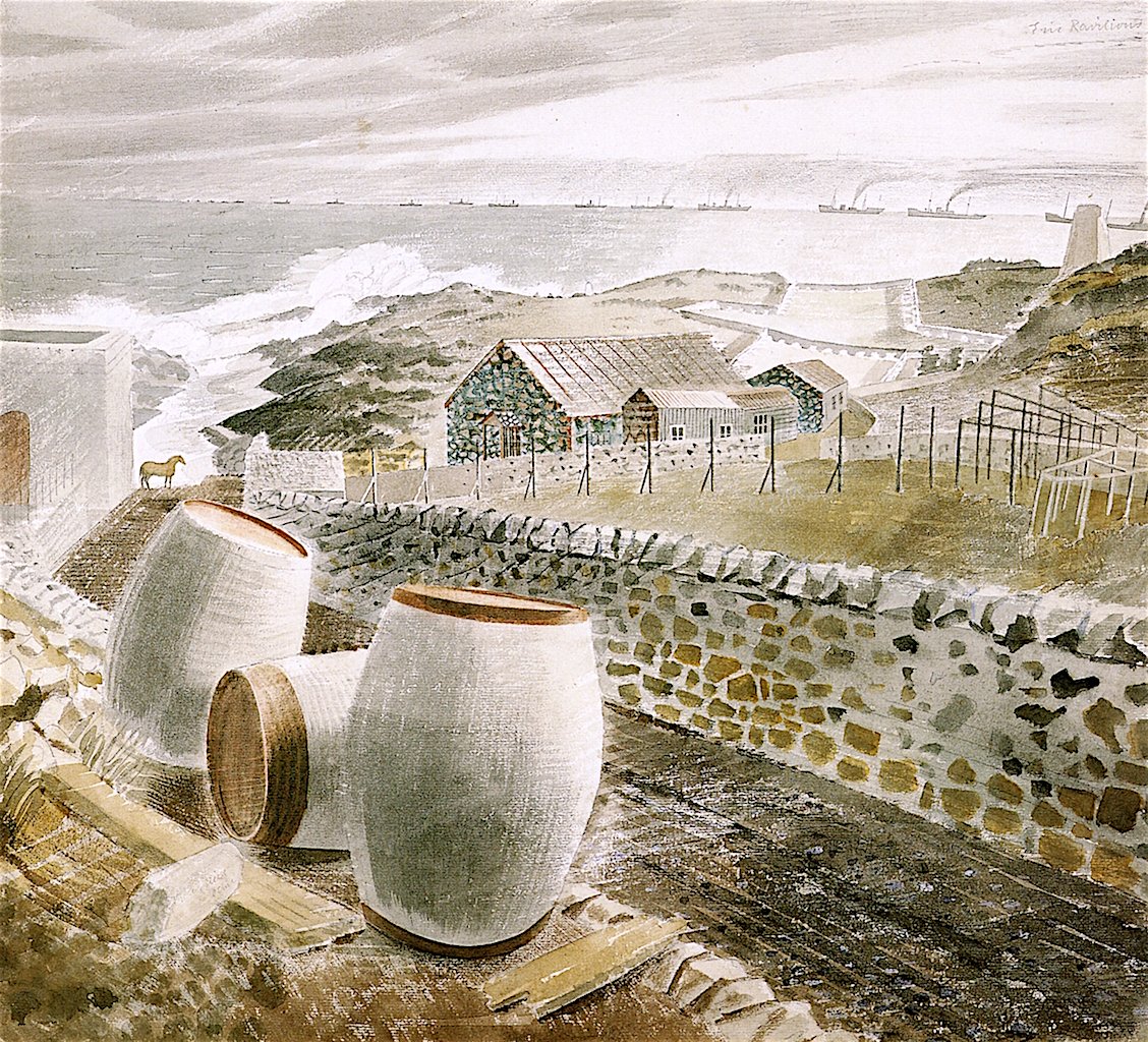 Ravilious1942's tweet image. Convoy Passing An Island, Eric Ravilious, 1941. Made when Ravilious visited the Isle of May, in the mouth of the Firth of Forth in the autumn of 1941 during his work as a War Artist. The original artwork is in the collection of @Brit_VisualArts. #Scotland