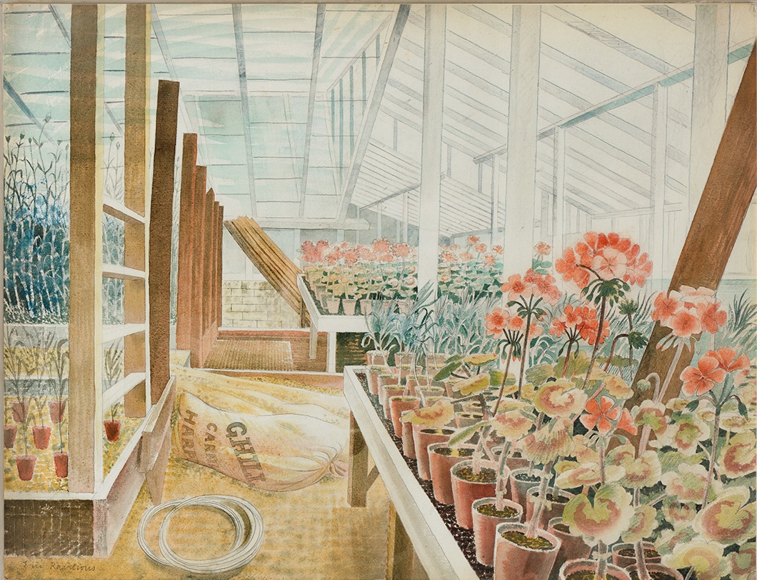 Ravilious1942's tweet image. Geraniums and Carnations, Eric Ravilious, 1938. It was painted at Wittersham, in #Kent. The original artwork is in the collection of @FryArtGallery.