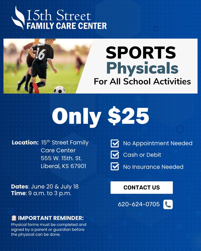 🏅 $25 Sports Physicals Clinic 🏅

Get ready for the upcoming sports season!
We’re offering sports physicals for just $25 – quick, easy, and no insurance needed.

📅 Clinic Dates:
• Thursday, June 20
• Thursday, July 18