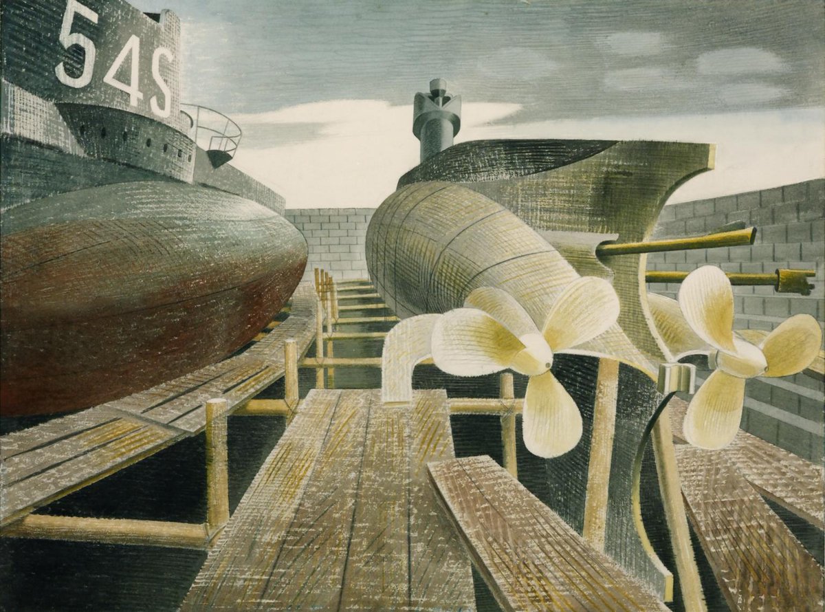 Ravilious1942's tweet image. Submarines in Dry Dock, Eric Ravilious, 1940. One of his early works as an official War Artist, he likely painted this at Chatham or Sheerness in #Kent. The original artwork is in the collection of @Tate.