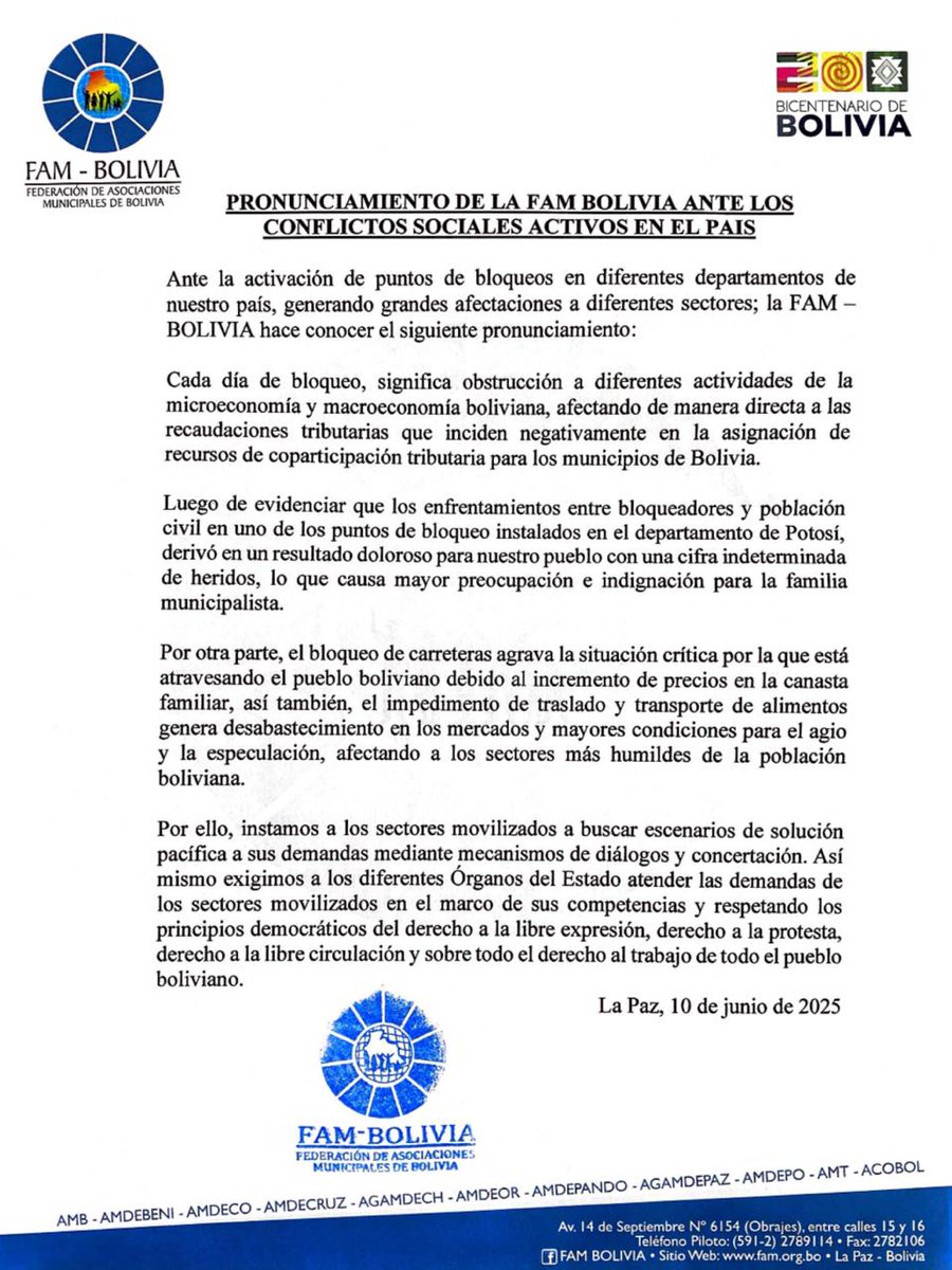 #Pronunciamiento <a href="/noticiasfides/">Agencia de Noticias Fides</a> <a href="/ErbolDigital/">ERBOL</a> <a href="/abi_bolivia/">Agencia Boliviana de Información - ABI</a> <a href="/LaRazon_Bolivia/">La Razón Digital</a> <a href="/grupoeldeber/">EL DEBER</a> <a href="/Canal_BoliviaTV/">Bolivia Tv Oficial</a> <a href="/LosTiemposBol/">Los Tiempos</a> <a href="/LaRevistaUnitel/">La Revista</a> <a href="/RedPatriaNueva/">Red Patria Nueva</a> <a href="/rtp_bolivia/">RTP Bolivia</a> <a href="/rposbolivia/">𝗥𝗣𝗢'𝘀 𝗕𝗼𝗹𝗶𝘃𝗶𝗮</a> <a href="/ATBDigital/">ATB</a> <a href="/Urgentebo/">Urgente.bo</a> <a href="/ContBolivia/">Contacto Bolivia</a> <a href="/eldiario_net/">EL DIARIO DE BOLIVIA</a> <a href="/f10hdbolivia/">F10HD Bolivia</a> <a href="/elpotosinet/">El Potosí</a> <a href="/seotvbo1/">SEO TV</a> <a href="/PlusTLT/">PlusTLT</a>