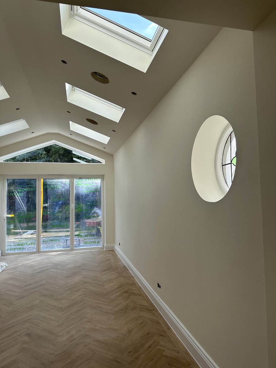 Before &amp; after. Never do what was done here by applying filler to bare plaster. Benjamin Moore on the woodwork in Satinwood.