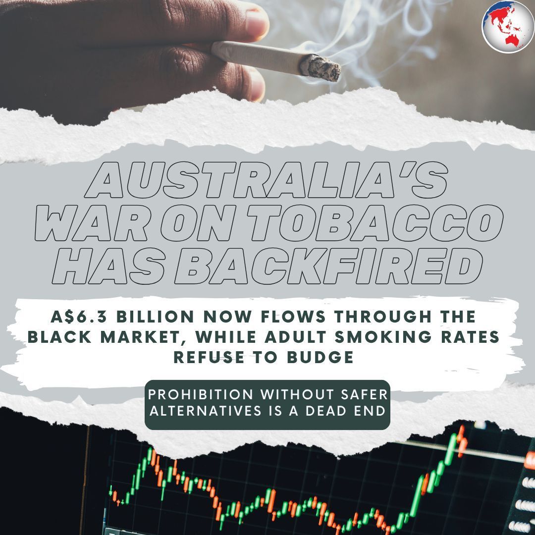 Australia’s war on tobacco has backfired. A$6.3 billion now flows through the black market, while adult smoking rates refuse to budge. Prohibition without safer alternatives is a dead end. #HarmReduction #THRworks #Australia bit.ly/4dSLvbT