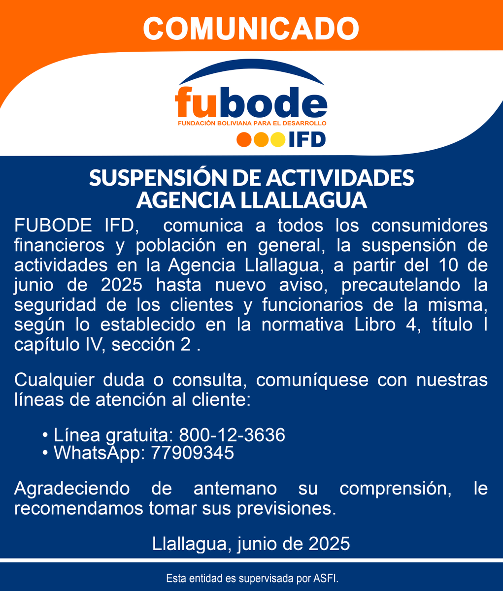 FubodeIfd's tweet photo. ATENCIÓN LLALLAGUA!!! 
#Llallagua #Bolivia #InstitucionFinanciera https://t.co/xVEommAZ3q