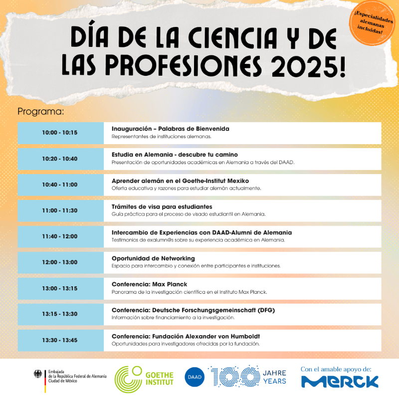 AlemaniaMexi's tweet photo. ¡Alemania te abre las puertas al futuro! 🇩🇪🚀

📚💼🔬¿Te gustaría estudiar, trabajar o investigar en uno de los países más innovadores del mundo? Entonces no te pierdas el Día de la Ciencia y de las Profesiones este 14 de junio de 10:00 a 17:00 hrs en el Goethe-Institut Mexiko.