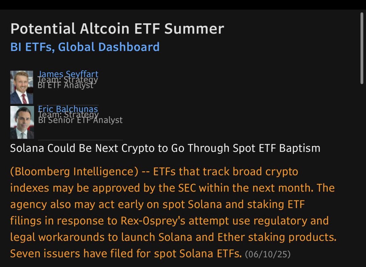 🚨BREAKING: Bloomberg reports the SEC could act early on spot @Solana ETF  filings, with approval potentially coming within a month, as Rex Shares and  Osprey attempt regulatory workarounds to launch Solana products.