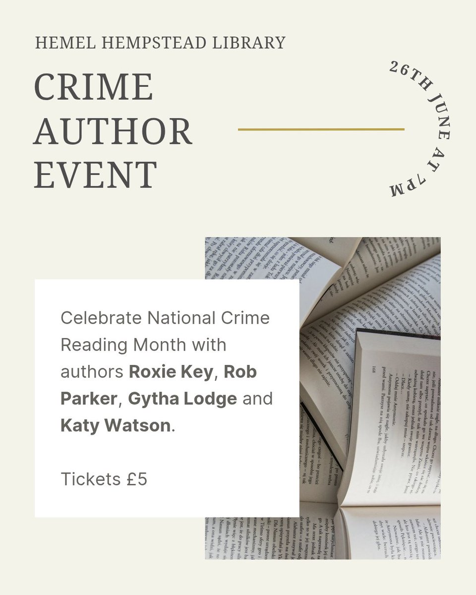 This should be a great night! Come and join us at Hemel Hempstead Library on 26th June, 7pm, for criminally good book chat 📚🔪🩸

Tickets: £5

hertfordshire.gov.uk/services/libra…

#NationalCrimeReadingMonth #BookEvent #AuthorEvent #CrimeFiction