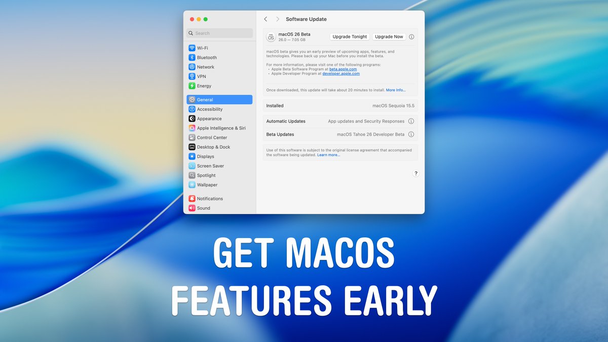 cultofmac's tweet photo. How to download the macOS 26 Tahoe beta (if you dare!) https://t.co/WsURCPITOM https://t.co/48vAYIU16G