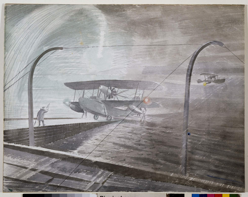 Ravilious1942's tweet image. Night Operations, Eric Ravilious, 1941. This was from his time in Scotland with the Royal Navy at Dundee, where Fleet Air Arm Walruses operated from. The original artwork is in the collection of @BM_AG. #WW2