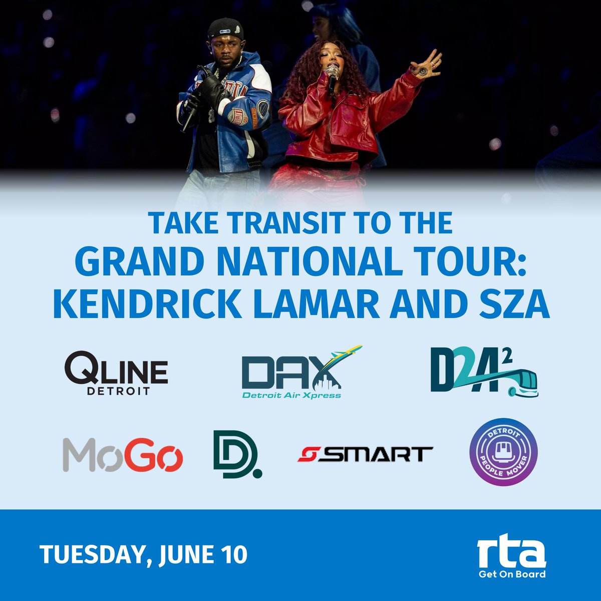 RTA of Southeast MI (@rtamichigan) on Twitter photo Kendrick Lamar and SZA are taking the stage at <a href="/fordfield/">Ford Field</a> tonight! Make sure you pull up to the Grand National Tour using Detroit transit options.
There are lots of easy, affordable ways to get where you need to go without worrying about high parking prices or traffic backups. Kendrick Lamar and SZA are taking the stage at <a href="/fordfield/">Ford Field</a> tonight! Make sure you pull up to the Grand National Tour using Detroit transit options.
There are lots of easy, affordable ways to get where you need to go without worrying about high parking prices or traffic backups.