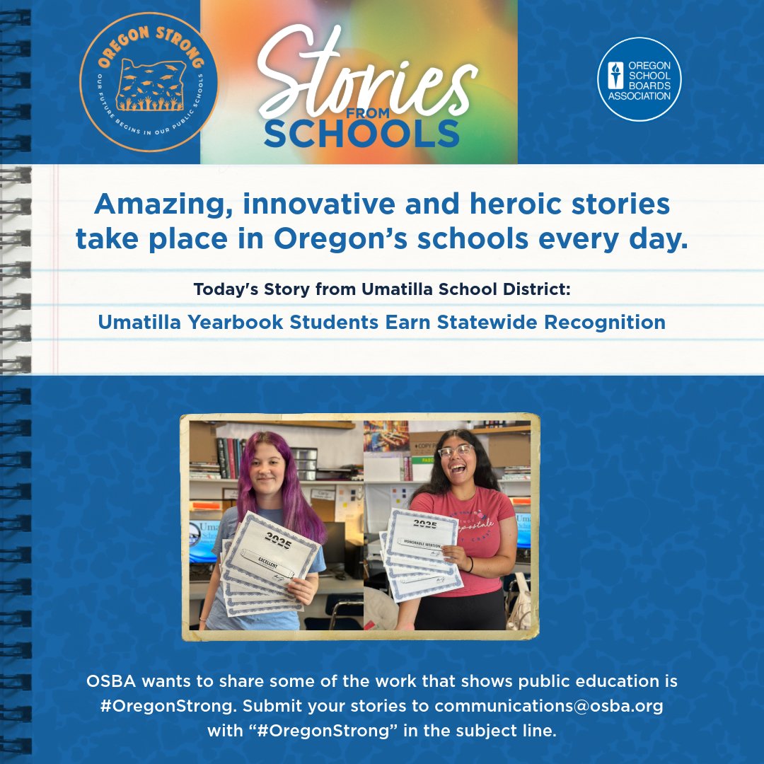 OSBA (@osbanews) on Twitter photo Today we have a story from Umatilla School District:
Umatilla Yearbook Students Earn Statewide Recognition
Read more: umatilla.k12.or.us/article/2250026
#OregonStrong #oregon #publiceducation #studentsuccess #educationmatters <a href="/umatillaschools/">Umatilla School District</a> Today we have a story from Umatilla School District:
Umatilla Yearbook Students Earn Statewide Recognition
Read more: umatilla.k12.or.us/article/2250026
#OregonStrong #oregon #publiceducation #studentsuccess #educationmatters <a href="/umatillaschools/">Umatilla School District</a>