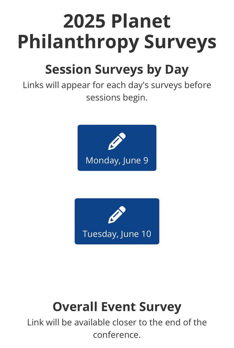 Thanks for joining us at #PlanetPhilanthropy! 🌎🎓
Take 2 mins to complete the Educational Session Survey — your feedback helps shape future conferences. 💬🙌

📋 [links can be found in the conference app]
🗓️ Deadline: NoW
#AFPFlorida #PhilanthropyInAction