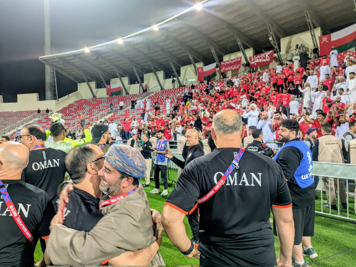 Oman celebrating. Palestinian players in tears