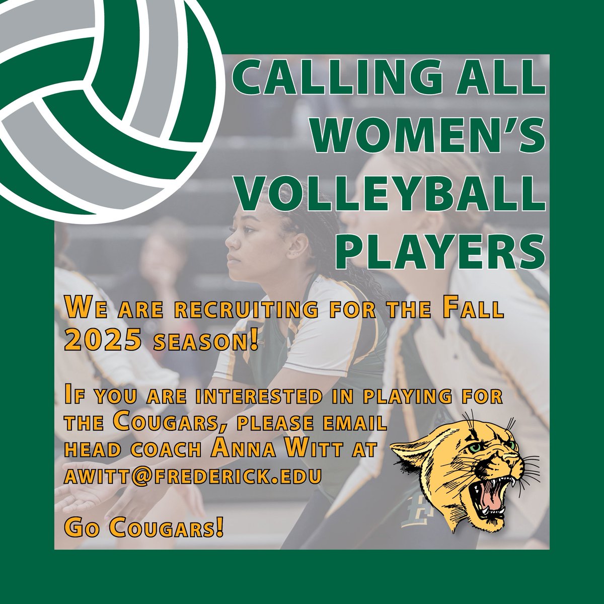 Frederick Community College Cougars (@fcc_cougars) on Twitter photo Calling all Womenโs Volleyball Players! We Want YOU! We are looking for volleyball players for this upcoming Fall 2025 season. If you are interested in joining the team, please email Head Coach Anna Witt at awitt@frederick.edu. Join the Cougars Family! #GoCougars Calling all Womenโs Volleyball Players! We Want YOU! We are looking for volleyball players for this upcoming Fall 2025 season. If you are interested in joining the team, please email Head Coach Anna Witt at awitt@frederick.edu. Join the Cougars Family! #GoCougars