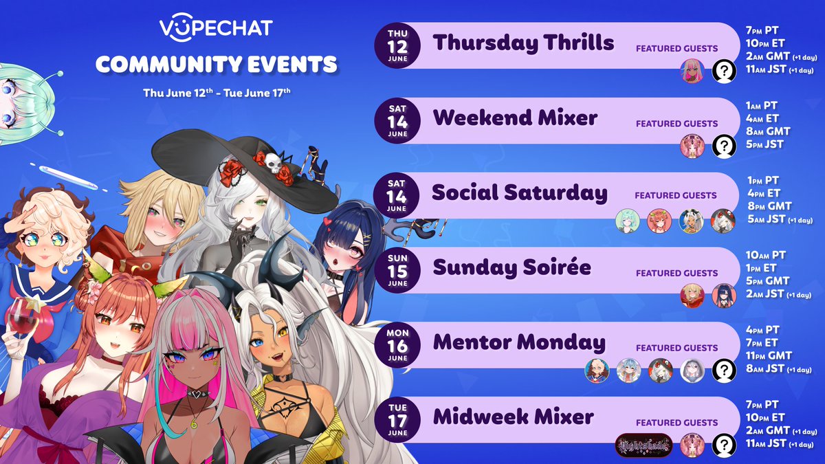 vupechat's tweet image. COMMUNITY EVENTS 📣

Summer is here, let's CELEBRATE!

Join the fun over on #Vupechat to chat and play games with new friends &amp;amp; your favorite VTubers 💜 

Save the dates or join on Discord to RSVP!
⇢ discord.gg/edvXQG742P

Sign up now &amp;amp; join in!
⇢ vupechat.com