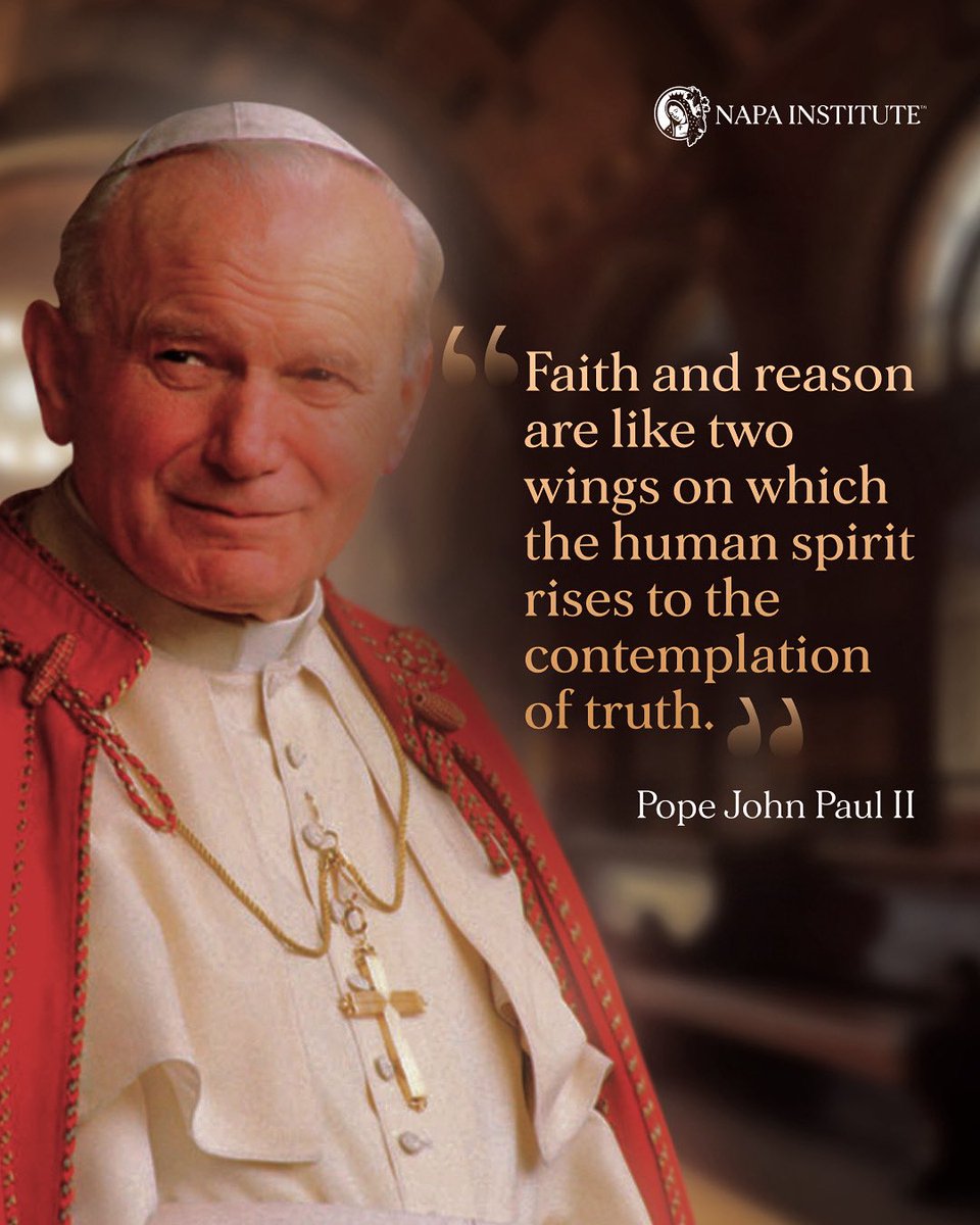 NapaInstitute's tweet image. Reason helps us understand the natural order, human dignity, moral law, and our place in creation. Faith lifts our gaze to that which reason points, revealing the nature of our Creator.
Together, faith and reason guide us to live rightly in the world.