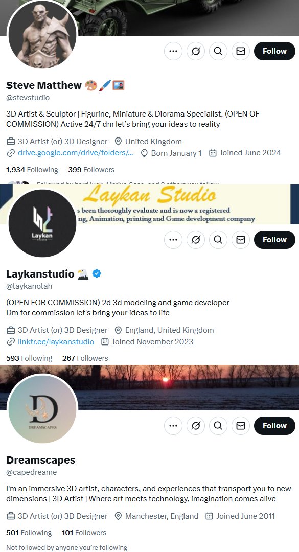 These 3 are 3d scam artist, they make models using Ai. 
They tell you that they can do all of this amazing work base on you artwork, or things like a miniature for 40k.
they dont, they use Ai.

They just take you money and give you rubbish.

Just block them.