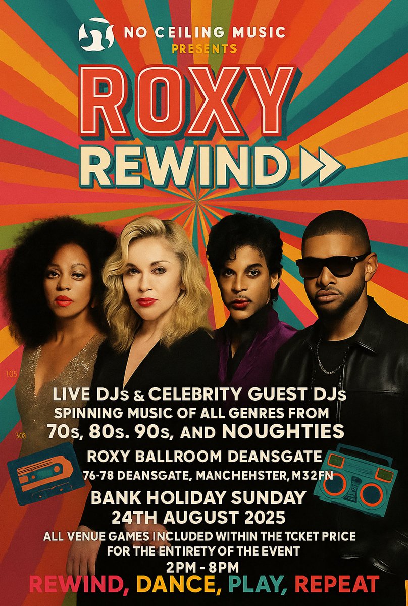We are made up to announce we will be DJing at Roxy Rewind on Sunday 24th August (bank holiday). Listen Up will be playing indie bangers from the 90s and 00s. Get your early bird tickets here: skiddle.com/whats-on/Manch…

<a href="/NoCeilingMusic/">No Ceiling Music</a>