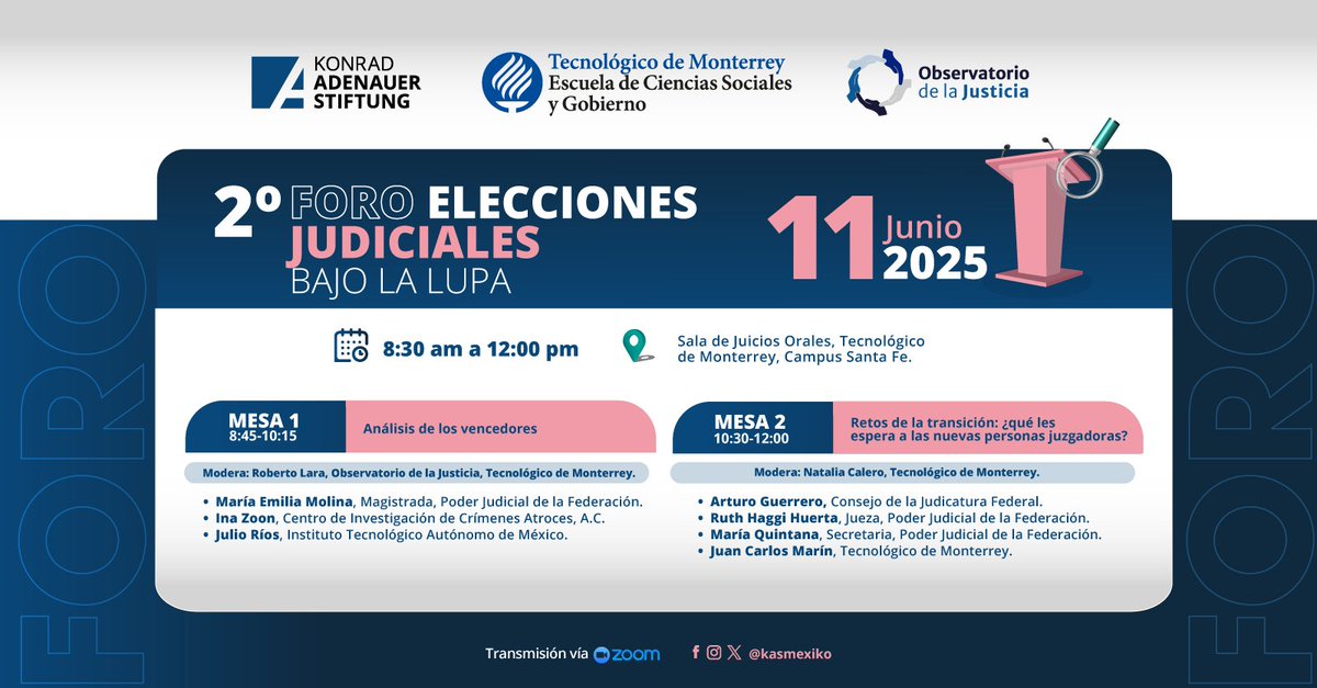 Edna Jaime (@ednajaime) on Twitter photo 🔍 Elecciones judiciales bajo la lupa
El Observatorio de la Justicia del <a href="/TecdeMonterrey/">Tecnológico de Monterrey</a> y <a href="/kasmexiko/">KAS_México</a> harán este foro para responder preguntas urgentes: ¿Quiénes ganaron? ¿Qué perfil tienen? ¿Qué exigencias trae consigo este nuevo ciclo judicial?
Registro gratuito y para todas 🔍 Elecciones judiciales bajo la lupa
El Observatorio de la Justicia del <a href="/TecdeMonterrey/">Tecnológico de Monterrey</a> y <a href="/kasmexiko/">KAS_México</a> harán este foro para responder preguntas urgentes: ¿Quiénes ganaron? ¿Qué perfil tienen? ¿Qué exigencias trae consigo este nuevo ciclo judicial?
Registro gratuito y para todas