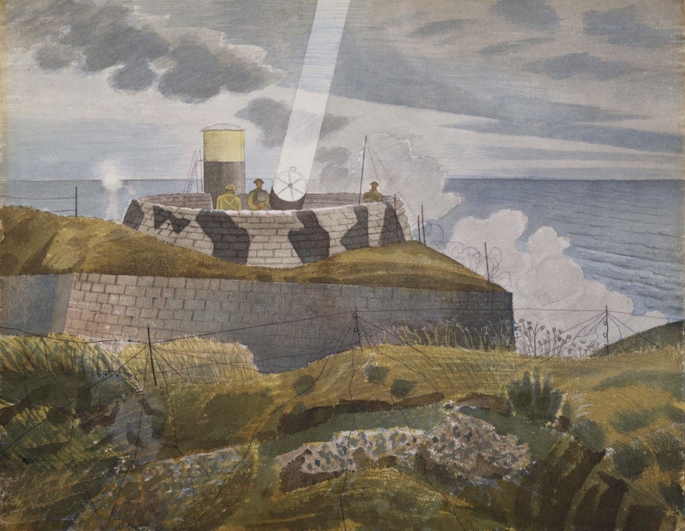 Searchlight at Dusk, Eric Ravilious, 1941. It depicts Newhaven Fort in East #Sussex in the early years of #WW2. The original artwork is in the collection of <a href="/BM_AG/">Birmingham Museum and Art Gallery</a>.