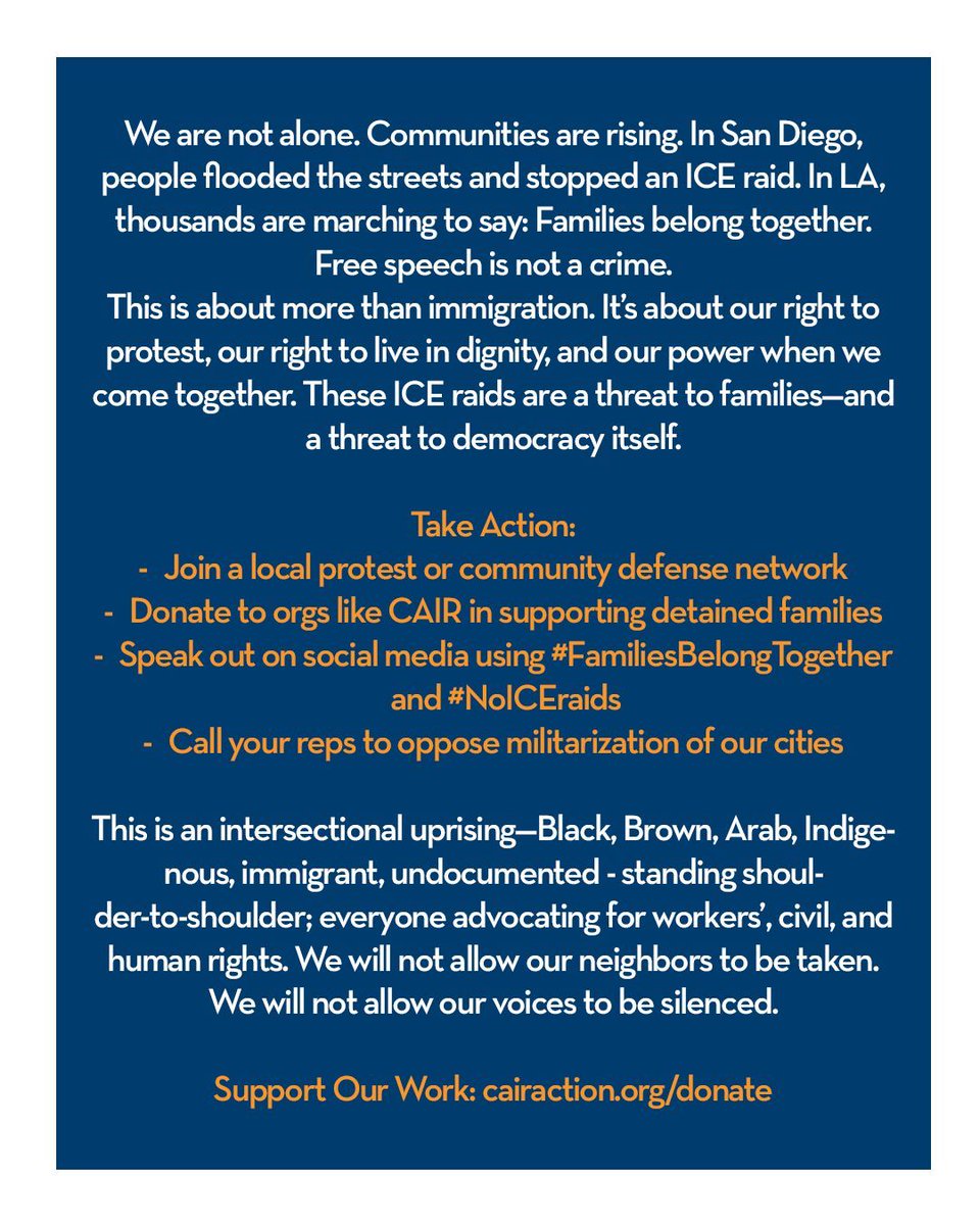 Trump sent the Marines and National Guard to crush protests.
Why? Because we’re demanding:
 🛑 No more deportations
 🛑 Free Palestine
 🛑 Human Dignity

Students are being deported for campus protests. Families are being torn apart in hospitals.
We say: Not on our watch.