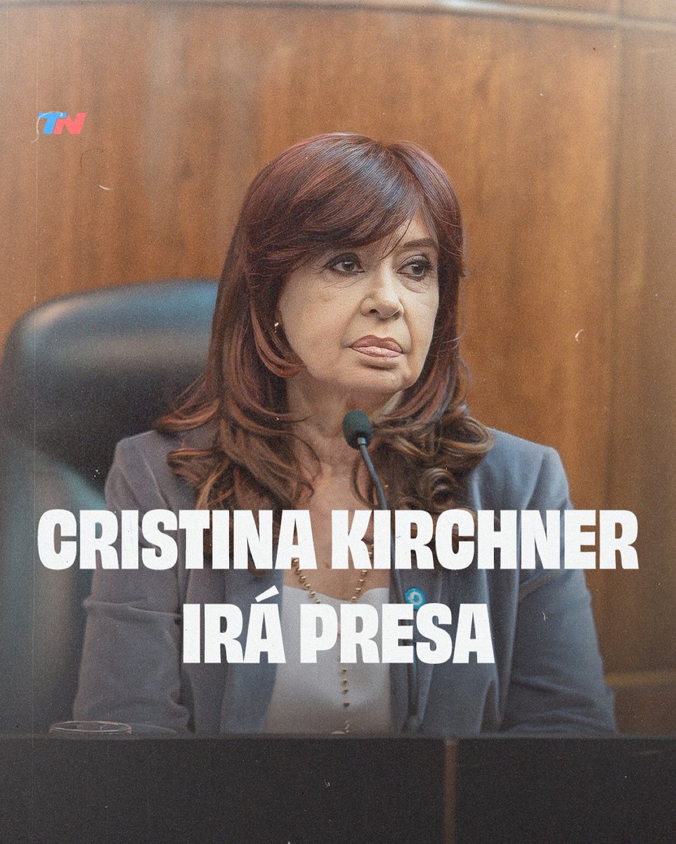 MOMENTO HISTÓRICO EN ARGENTINA ❤️ 🇦🇷 

Cristina Kirchner irá presa: lo resolvió la Corte Suprema al confirmar la condena por la causa Vialidad

Quedó inhabilitada de por vida para ejercer cargos públicos y no será candidata en las próximas elecciones. 

La expresidenta podrá
