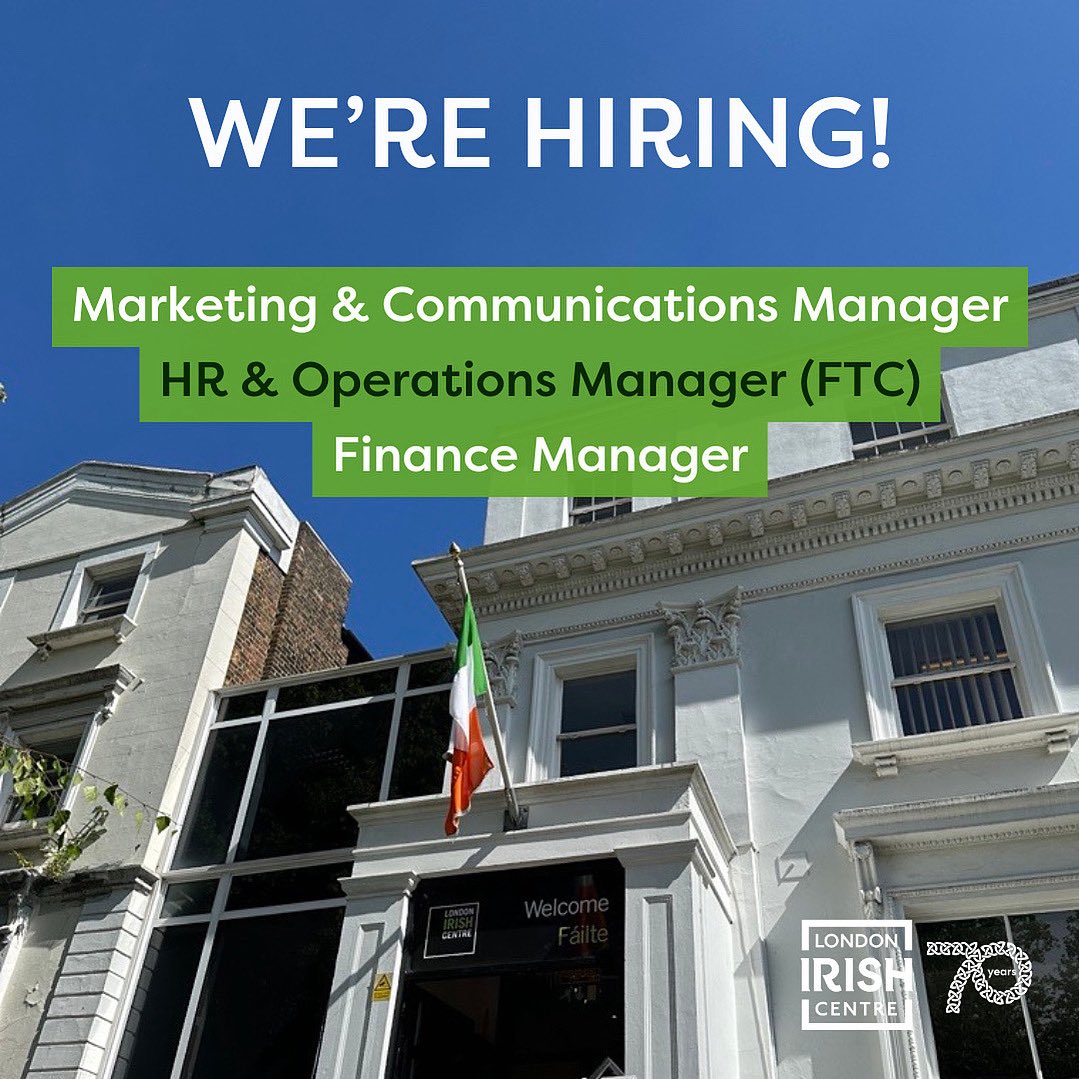We’re hiring 3 exciting roles! 📣 

- Marketing &amp; Communications Manager
- HR &amp; Operations Manager (12 month maternity cover)
- Finance Manager

Click below for details and to apply. 

londonirishcentre.org/about/work-lon…
