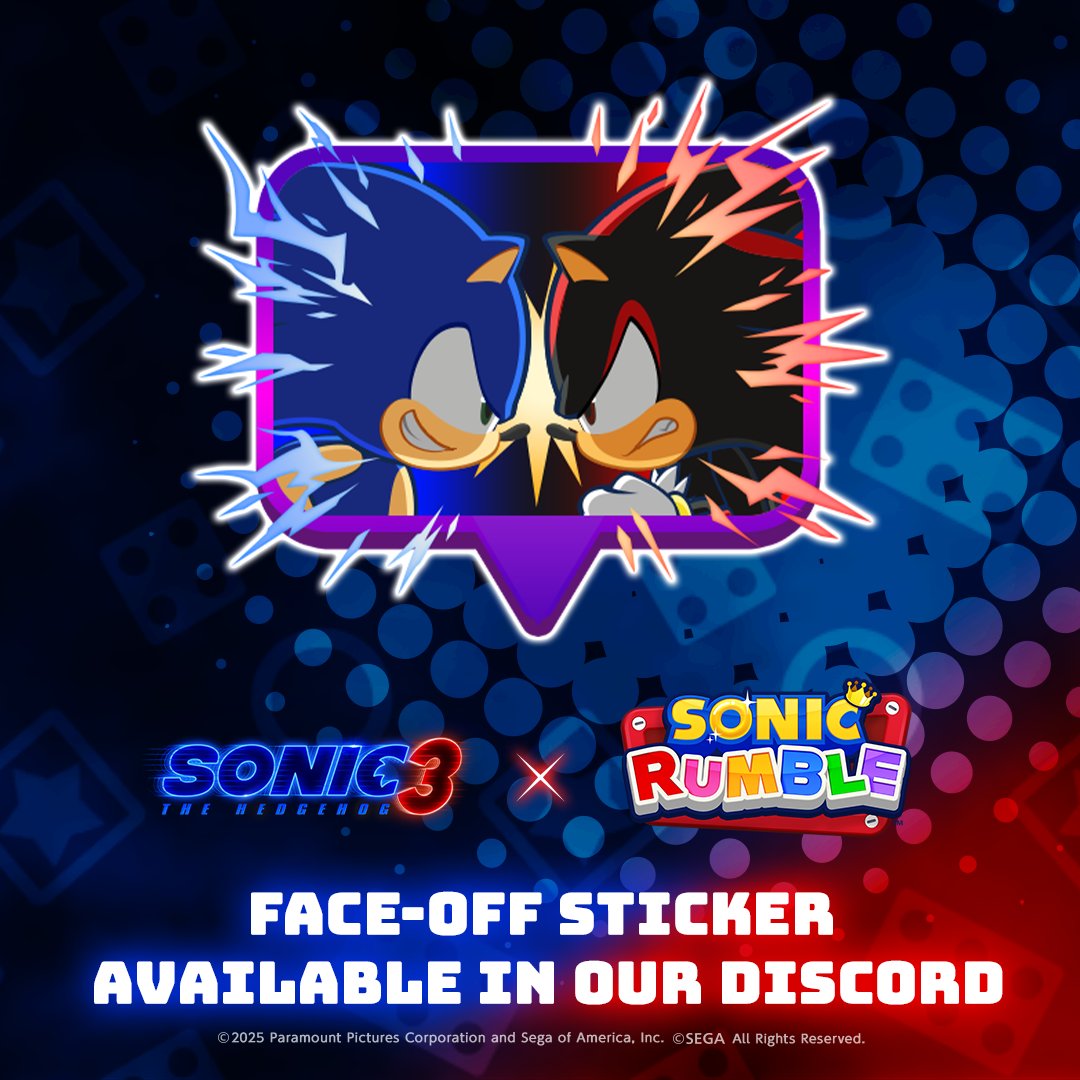 Sonic_Rumble's tweet image. Check out the new Face-Off Sticker! 🎬⚡
Let’s celebrate the #SonicMovie3XSonicRumble Crossover Event with a brand-new Sticker on our official Discord server 💥
Join us on Discord now: sonicrumble.com/discord