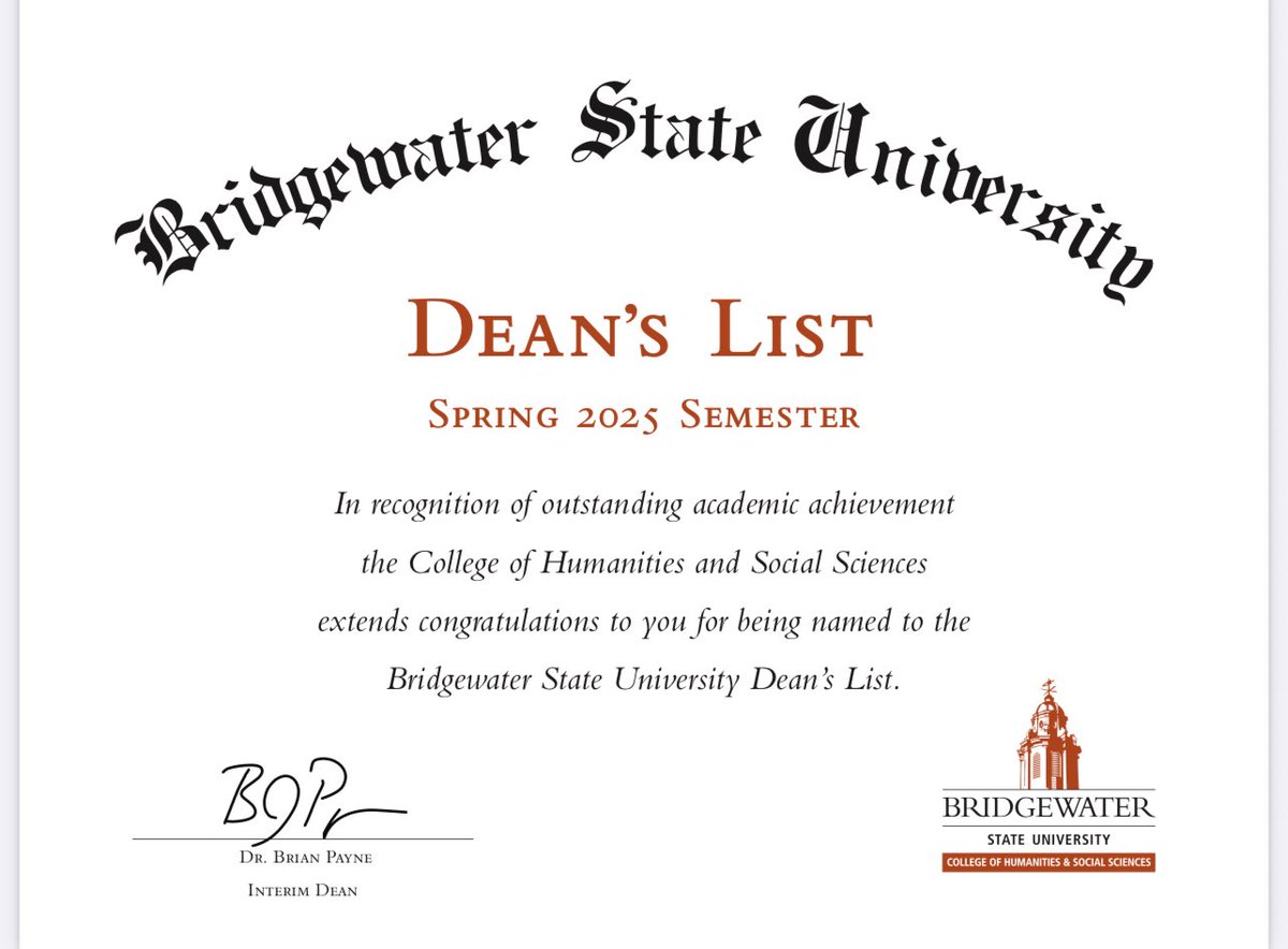 grateful to reach an achieve DEANS LIST by the end of my spring semester . <a href="/BSU_Football_/">BSU Football</a> <a href="/JosephVerria/">Joseph Verria</a> <a href="/BridgeStateU/">Bridgewater State University</a>
