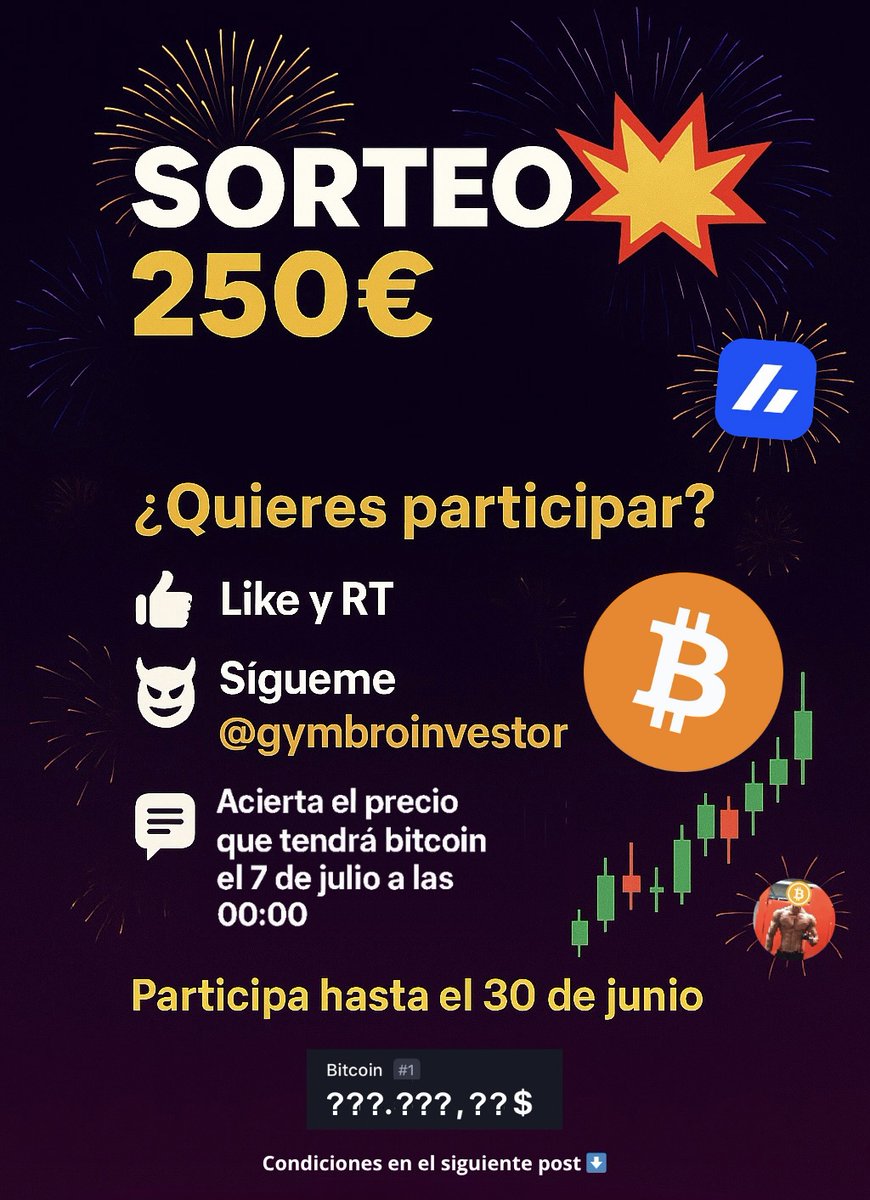 SORTEO 250€ 💥

¿Quieres participar?

✅ Like y RT
✅ Sígueme <a href="/gymbroinvestor/">Inversor Gymbro 😈</a> 😈
✅ Comenta a que precio crees que estará Bitcoin el 7 de Julio a las 00:00 🎰

Puedes participar hasta final de Junio.

El que más se acerque se lleva los 250€.