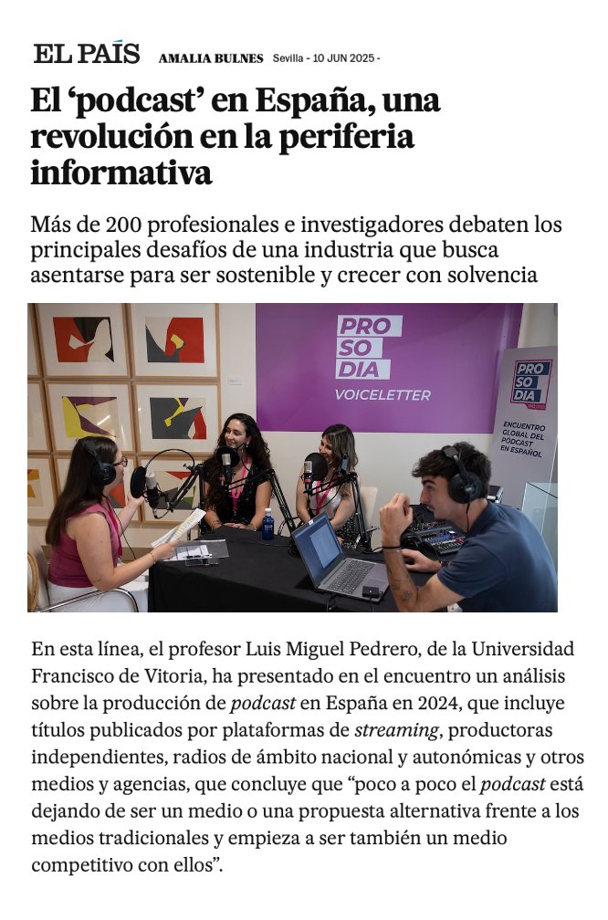 Luis Miguel Pedrero (@luismipedrero) on Twitter photo «El #podcast en España, una revolución en la periferia informativa»: excelente crónica de <a href="/AmaliaBulnes/">Amalia Bulnes</a> en <a href="/el_pais/">EL PAÍS</a> sobre <a href="/ProsodiaPodcast/">Prosodia</a> con referencias al informe del proyecto ESCUCHAD.es desarrollado desde <a href="/unicomplutense/">Complutense</a> y <a href="/ufvmadrid/">Universidad Francisco de Vitoria</a>
🔗 acortar.link/idIZ4n «El #podcast en España, una revolución en la periferia informativa»: excelente crónica de <a href="/AmaliaBulnes/">Amalia Bulnes</a> en <a href="/el_pais/">EL PAÍS</a> sobre <a href="/ProsodiaPodcast/">Prosodia</a> con referencias al informe del proyecto ESCUCHAD.es desarrollado desde <a href="/unicomplutense/">Complutense</a> y <a href="/ufvmadrid/">Universidad Francisco de Vitoria</a>
🔗 acortar.link/idIZ4n