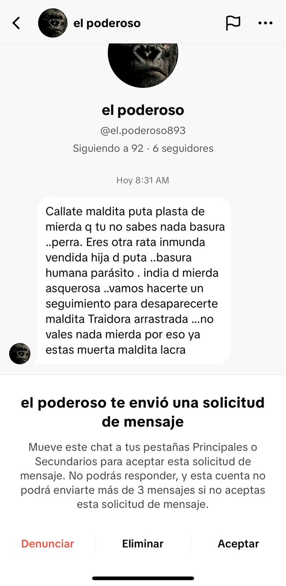 Acabo de recibir esta amenaza contra mi vida en la red social TikTok por no ser de izquierda. Hago denuncia pública y pongo en conocimiento de la Fiscalía <a href="/FiscaliaCol/">Fiscalía Colombia</a> esta situación. Mi familia es víctima de la guerrilla. Hoy radicaré denuncia ante Fiscalía.