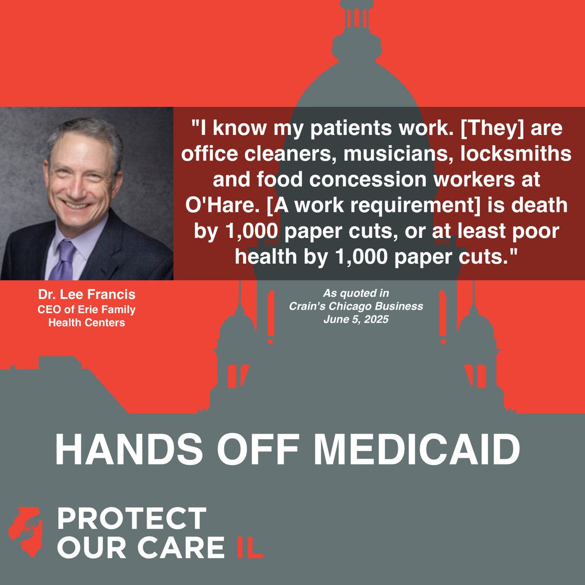 ProtectILCare's tweet image. In @CrainsChicago - Dr. Lee Francis, CEO of Erie Family Health Centers discusses the harm that #Medicaid work requirements will have on Illinois patients and the overall healthcare system. Tell your representatives to keep their #HANDSOFFMEDICAID. chicagobusiness.com/health-care/me…