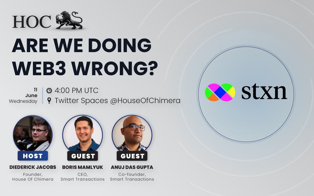 House of Chimera (@houseofchimera) on Twitter photo Are we doing Web3 wrong, anon?
🔹<a href="/stxn_io/">Smart Transactions (STXN)</a> thinks so, and they’re rolling out a smart transaction stack to prove it.
🔸We’ve heard the ‘revolutionize Web3’ pitch a dozen times. Will this one actually hit?
🔔 Set reminders: x.com/i/spaces/1mnGe… Are we doing Web3 wrong, anon?
🔹<a href="/stxn_io/">Smart Transactions (STXN)</a> thinks so, and they’re rolling out a smart transaction stack to prove it.
🔸We’ve heard the ‘revolutionize Web3’ pitch a dozen times. Will this one actually hit?
🔔 Set reminders: x.com/i/spaces/1mnGe…