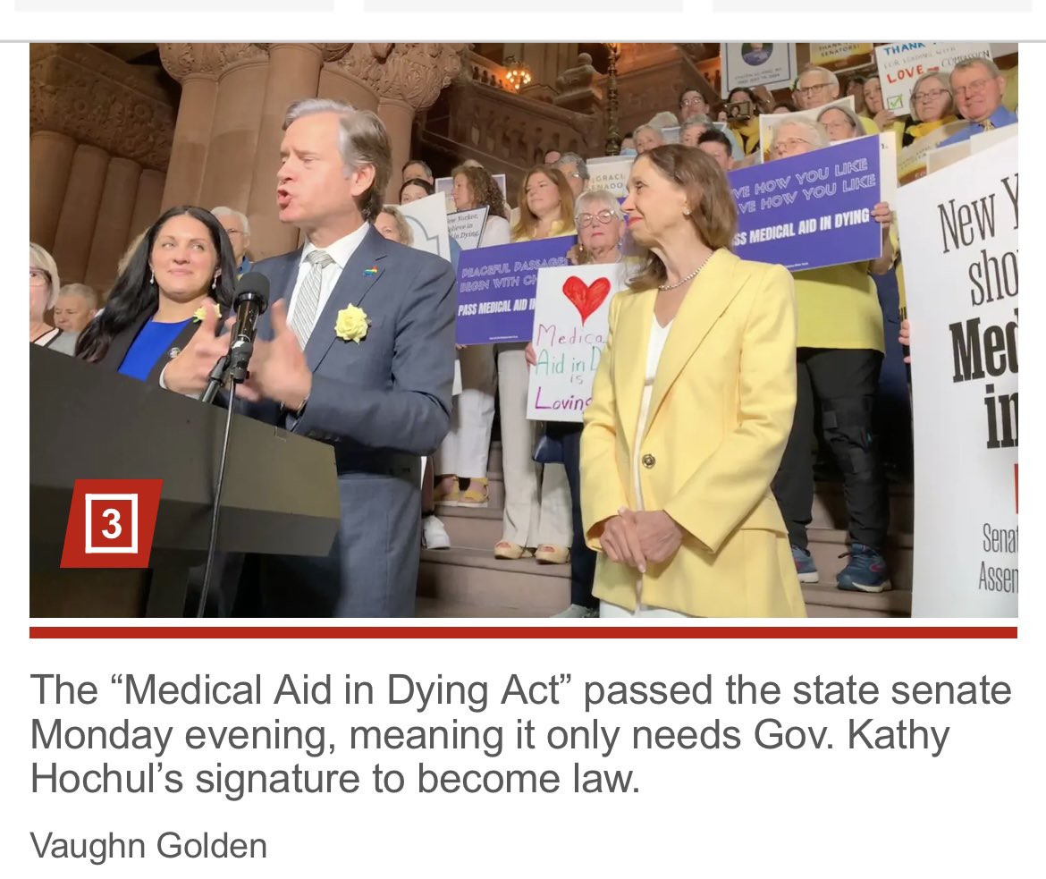 Will Gov Hochul sign off on doctor assisted suicide?

NY state Senate approves doctor-assisted suicide bill, sends it to Hochul’s desk for approval

The bill entitled “Medical Aid in Dying”, that would allow terminally ill people to take their own lives,  passed 35 to 27 in NY