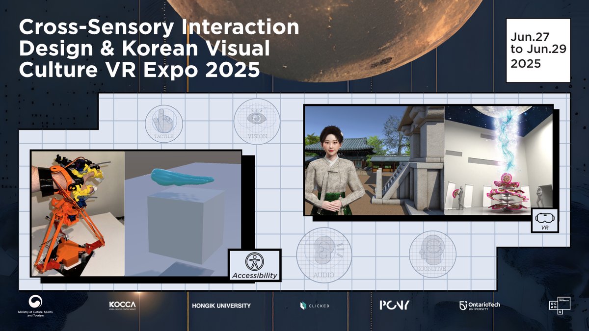 Join us June 28–29 (opening reception June 27) for a VR/AR/mixed reality exhibition blending haptic-spatial-audio design from OCAD U’s Perceptual Artifacts Lab with Korean visual culture from Hongik University.
Learn more: ocadu.ca/events-and-exh…