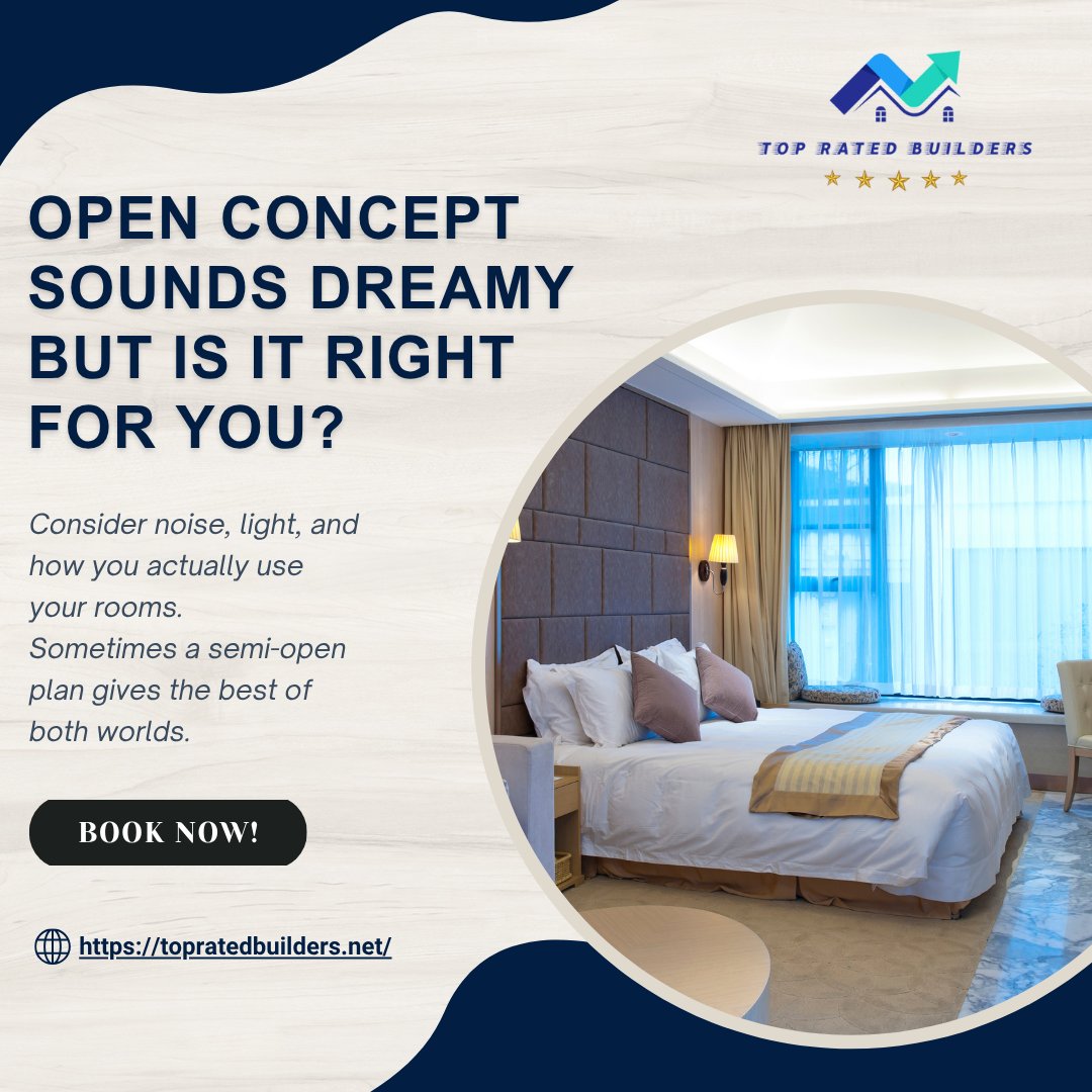 TopRatedbuilder's tweet image. Open concept sounds dreamy... but is it right for you?

Consider noise, light, and how you actually use your rooms.

Sometimes a semi-open plan gives the best of both worlds.

Let’s map it out together: topratedbuilders.net

#HomeRemodel #HouseFlow #TopRatedBuilders