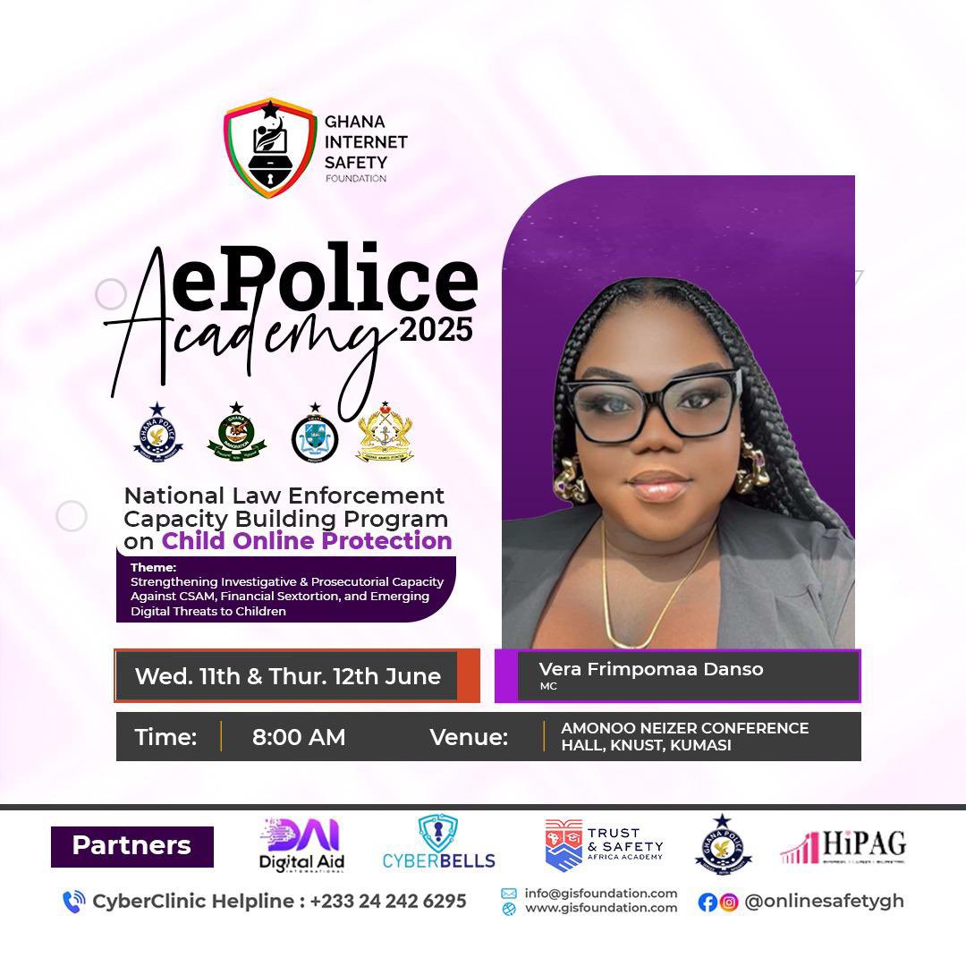 The digital battlefield demands sharper tools. This June, law enforcement officers gather at E-Police Academy 2025 to strengthen investigative &amp; prosecutorial capacity. Don’t miss it!
#EPoliceAcademy2025 <a href="/OnlineSafetyGh/">Ghana Internet Safety Foundation</a>
